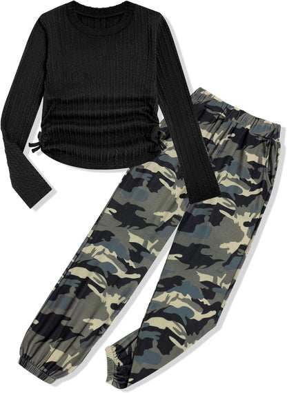 Girls' Clothing Sets Ribbed Knit Crewneck T-Shirt & Camo Print Elastic Waist Pants Girls Clothes Size 6-16Y