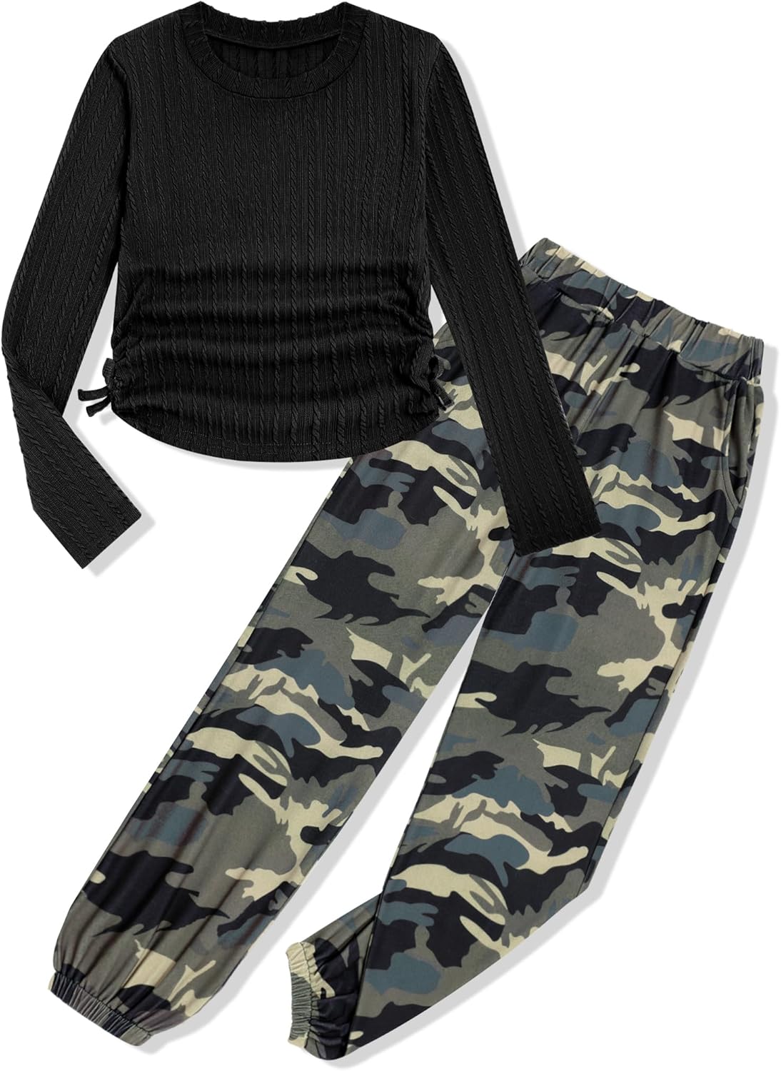 Girls' Clothing Sets Ribbed Knit Crewneck T-Shirt & Camo Print Elastic Waist Pants Girls Clothes Size 6-16Y