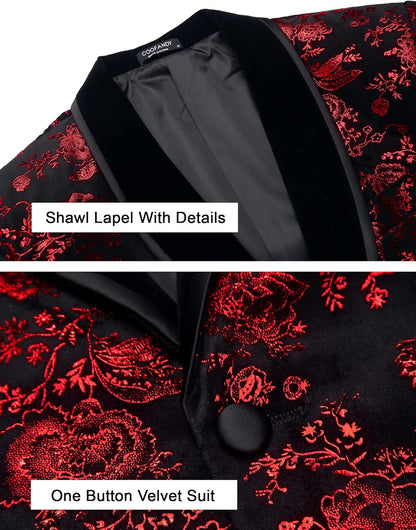COOFANDY Men's Velvet Tuxedo Floral Blazer Jacket One Button Shawl Lapel Suit Jacket for Dinner Prom Party Wedding