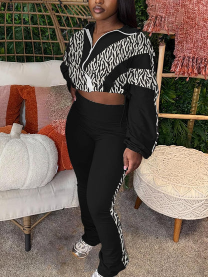 Women 2 Piece Outfit Long Sleeve Zip Up Crop Jacket High Waist Stretchy Pants