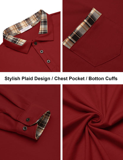 COOFANDY Men's Casual Polo Shirt Long Sleeve Classic Plaid Button Tees with Pockets