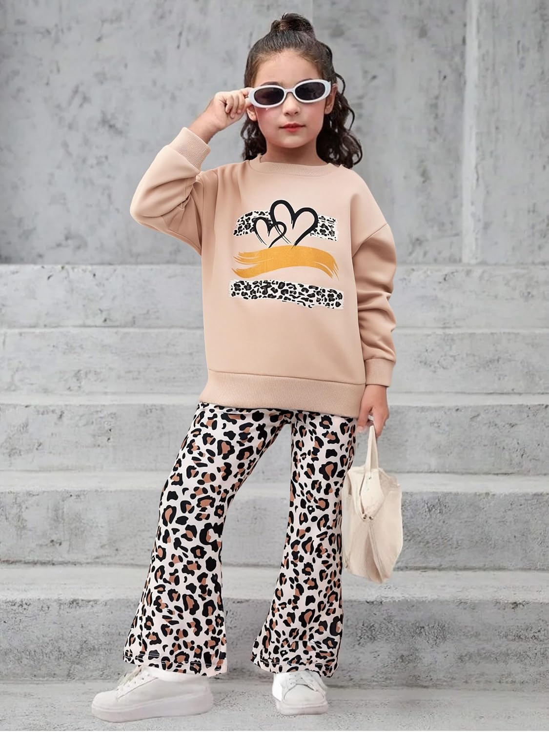 Toddler Girl Clothes Long Sleeve Cartoon & Letter Graphic Top + Fruit Stationery Print Flared Leg Pants