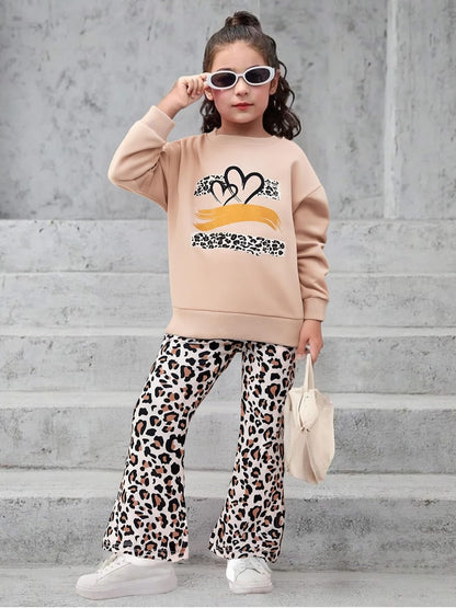 Toddler Girl Clothes Long Sleeve Cartoon & Letter Graphic Top + Fruit Stationery Print Flared Leg Pants