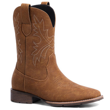 Lumeheel Cowboy Boots for Men - Western Men's Boots with Classic Embroidered, Slip on Square Toe Boots, Slip Resistant Country Boots Chunky Heel Ankle, Durable Short Boots for Spring Fall