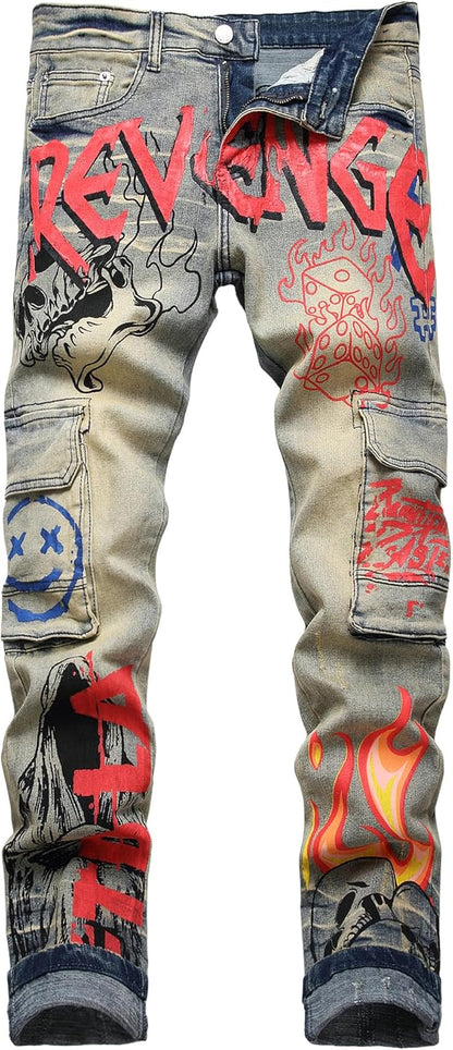 Baylvn Men's Designer Straight Slim Fit Patchwork Jeans Comfort Skinny Biker Denim Pants