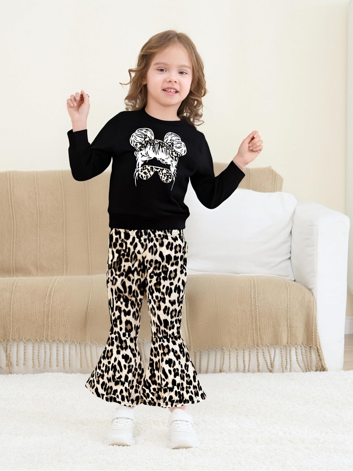 Toddler Girl Clothes Long Sleeve Cartoon & Letter Graphic Top + Fruit Stationery Print Flared Leg Pants