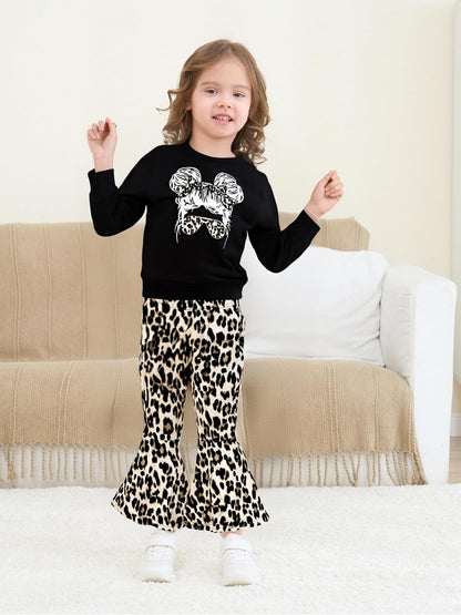 Toddler Girl Clothes Long Sleeve Cartoon & Letter Graphic Top + Fruit Stationery Print Flared Leg Pants