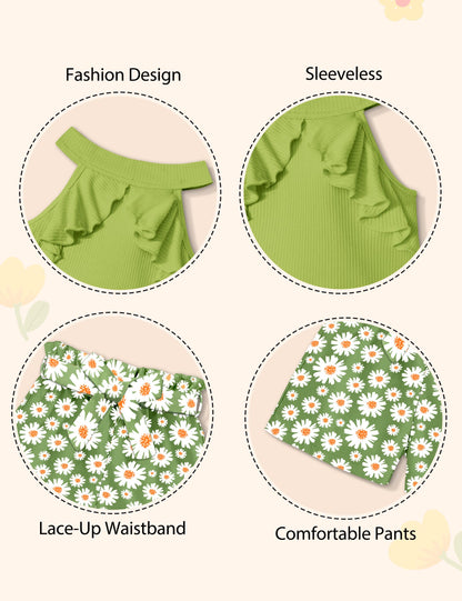 MIGU Girls Clothes Summer Halter Neck Ruffle Sleeveless Top Fashion Cute Floral Belt Shorts Two Piece Outfit Set Size 6-12