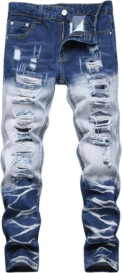 Boy's Ripped Jeans Stacked Skinny Fit Destroyed Distressed Fashion Comfy Denim Jeans Pants