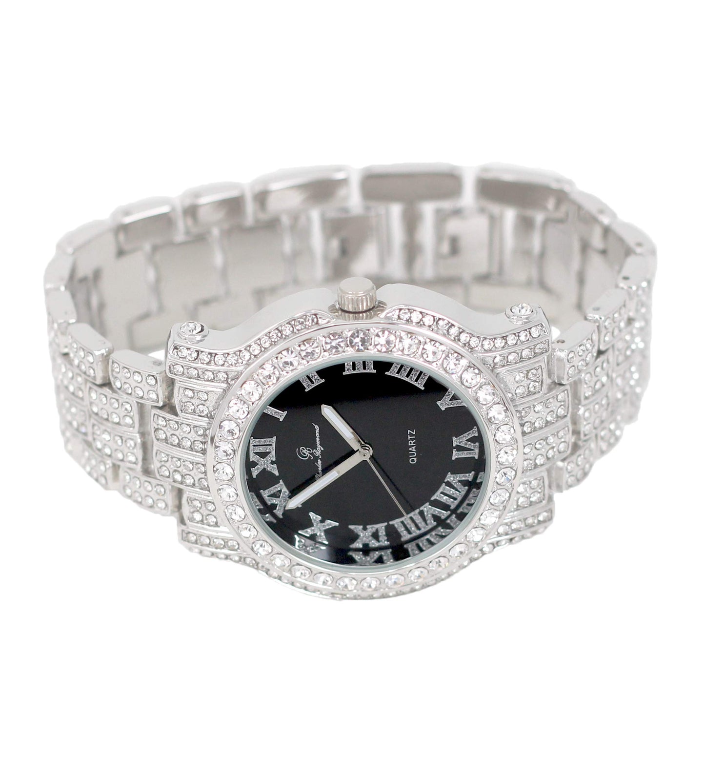 Charles Raymond Bling-ed Out Silver Round Luxury Mens Watch w/Bling-ed Out Bracelet - L0504B