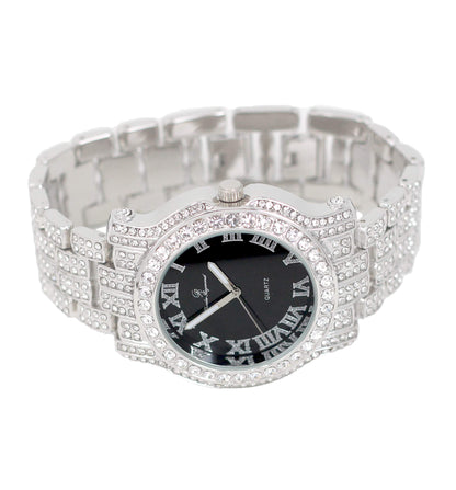 Charles Raymond Bling-ed Out Silver Round Luxury Mens Watch w/Bling-ed Out Bracelet - L0504B