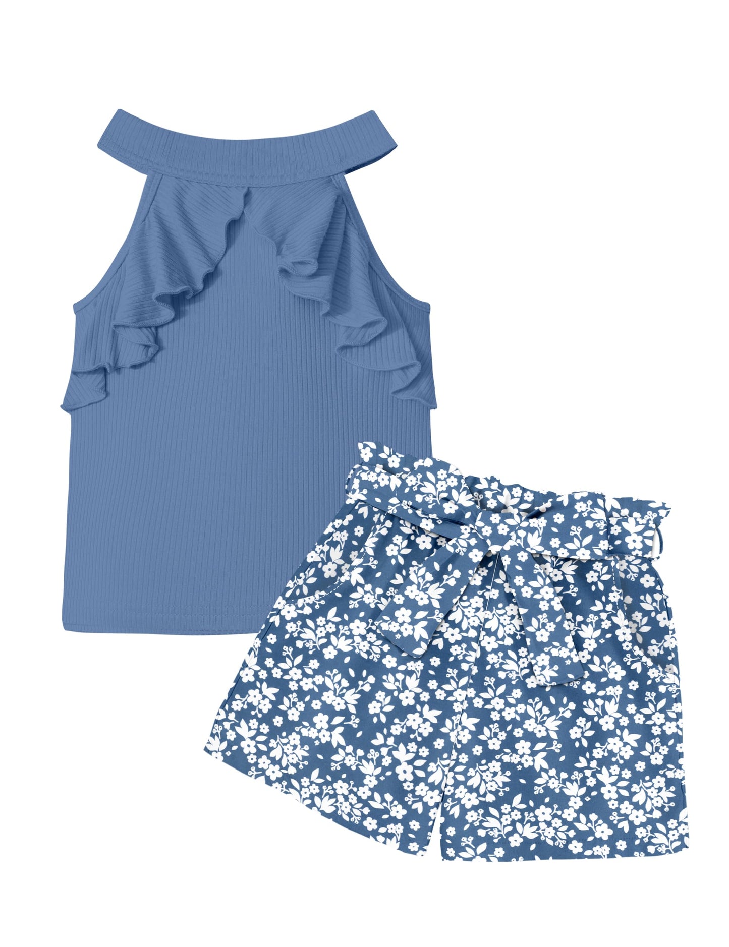 MIGU Girls Clothes Summer Halter Neck Ruffle Sleeveless Top Fashion Cute Floral Belt Shorts Two Piece Outfit Set Size 6-12