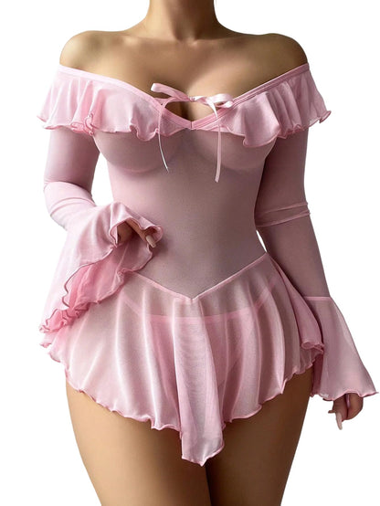 Sexy Lingerie for Women Rave Outfits Clubwear See Through Lingerie Sets Bell Sleeve Ruffle Mesh Tops