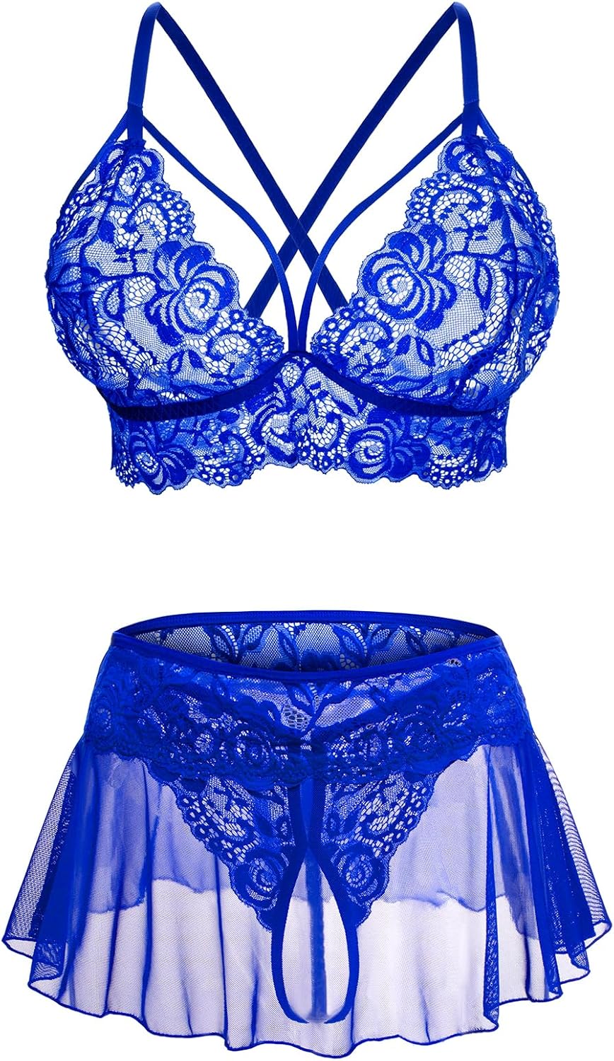 Sexy Lingerie for Women Naughty 3 Piece Lace Bralette, Mini Skirt with G-String Crotchless Lingerie Outfits