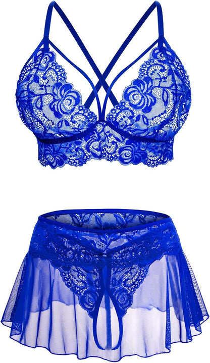Sexy Lingerie for Women Naughty 3 Piece Lace Bralette, Mini Skirt with G-String Crotchless Lingerie Outfits