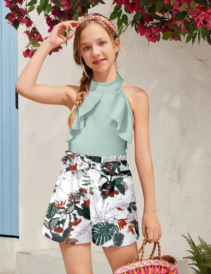 MIGU Girls Clothes Summer Halter Neck Ruffle Sleeveless Top Fashion Cute Floral Belt Shorts Two Piece Outfit Set Size 6-12