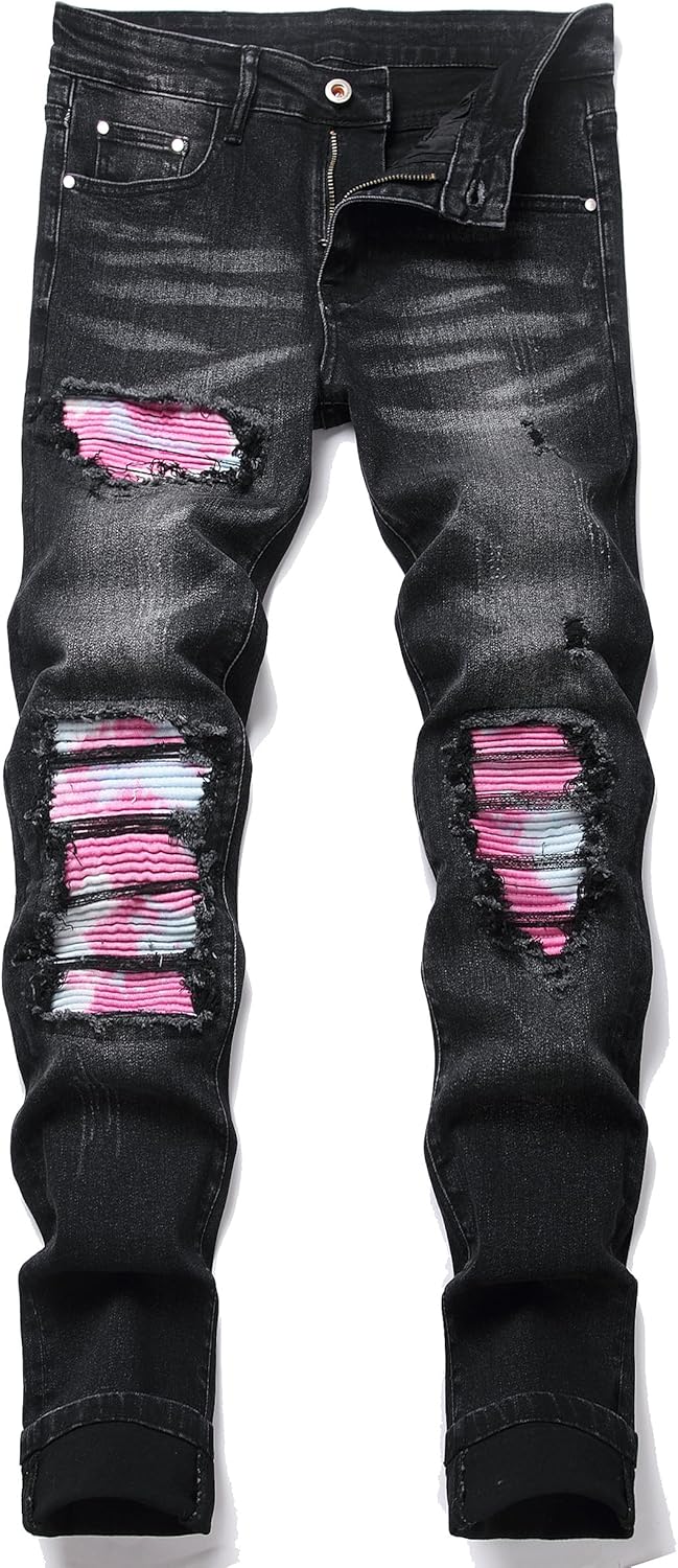 Men's Ripped Patch Elastic Jeans Fashion Slim Fit Regular Denim Pants