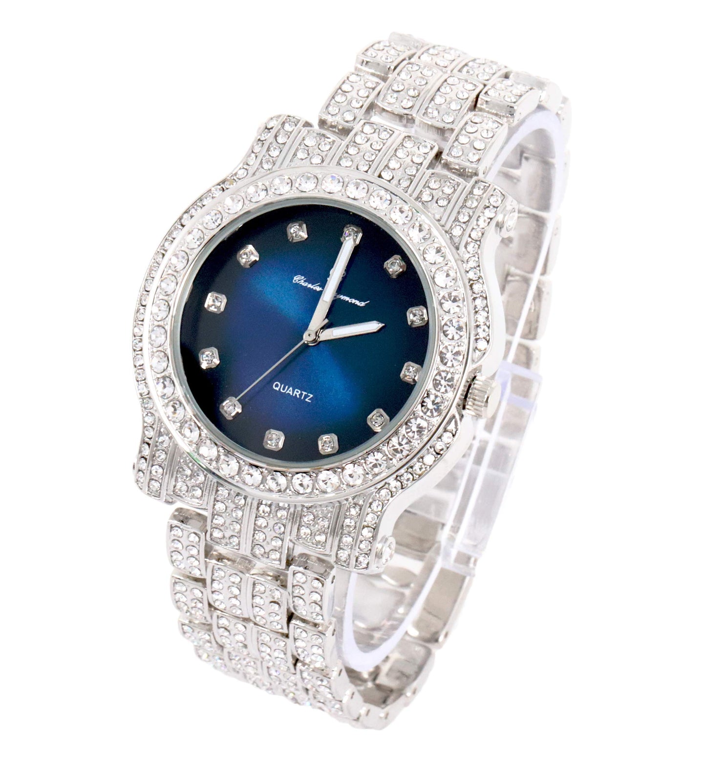 Charles Raymond Bling-ed Out Silver Round Luxury Mens Watch w/Bling-ed Out Bracelet - L0504B