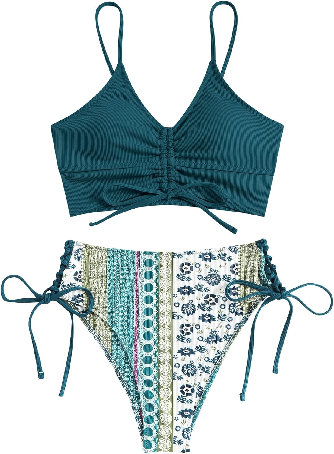 ZAFUL Women V Neck Bikini Set Ruched Tie Front High Waisted Floral Print Ribbed 2 Piece Bathing Suit Swimsuits