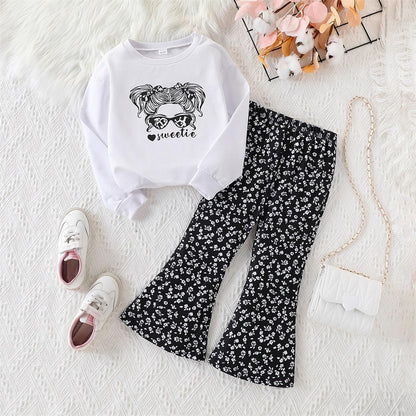 Toddler Girl Clothes Long Sleeve Cartoon & Letter Graphic Top + Fruit Stationery Print Flared Leg Pants