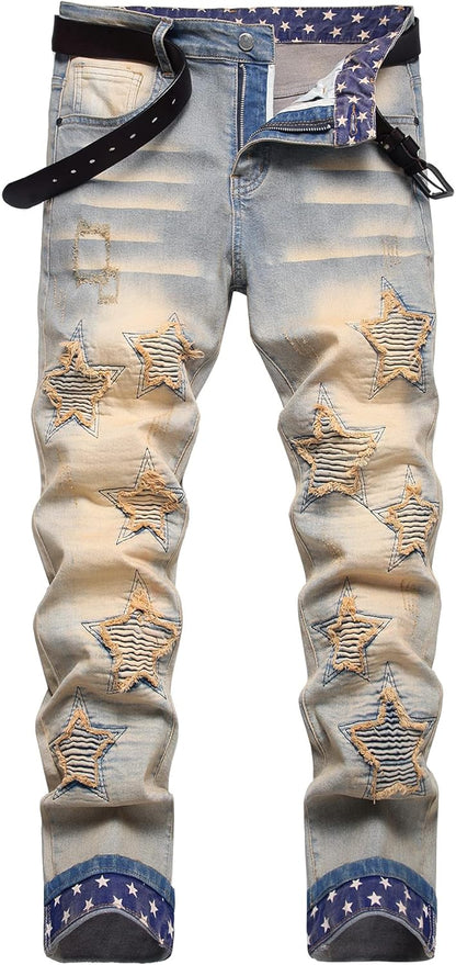 Baylvn Men's Designer Straight Slim Fit Patchwork Jeans Comfort Skinny Biker Denim Pants