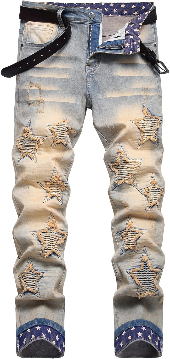 Baylvn Men's Designer Straight Slim Fit Patchwork Jeans Comfort Skinny Biker Denim Pants