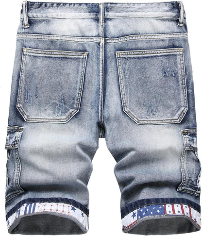 Baylvn Men's Casual Ripped Printed Denim Shorts Slim Fit Summer Beach Jeans Shorts