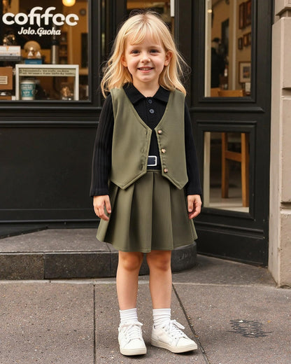 HINTINA Toddler Little Girl Sleeveless Button Vest Ribbed Long Sleeve Collar Top And Pleated Skirt With Belt