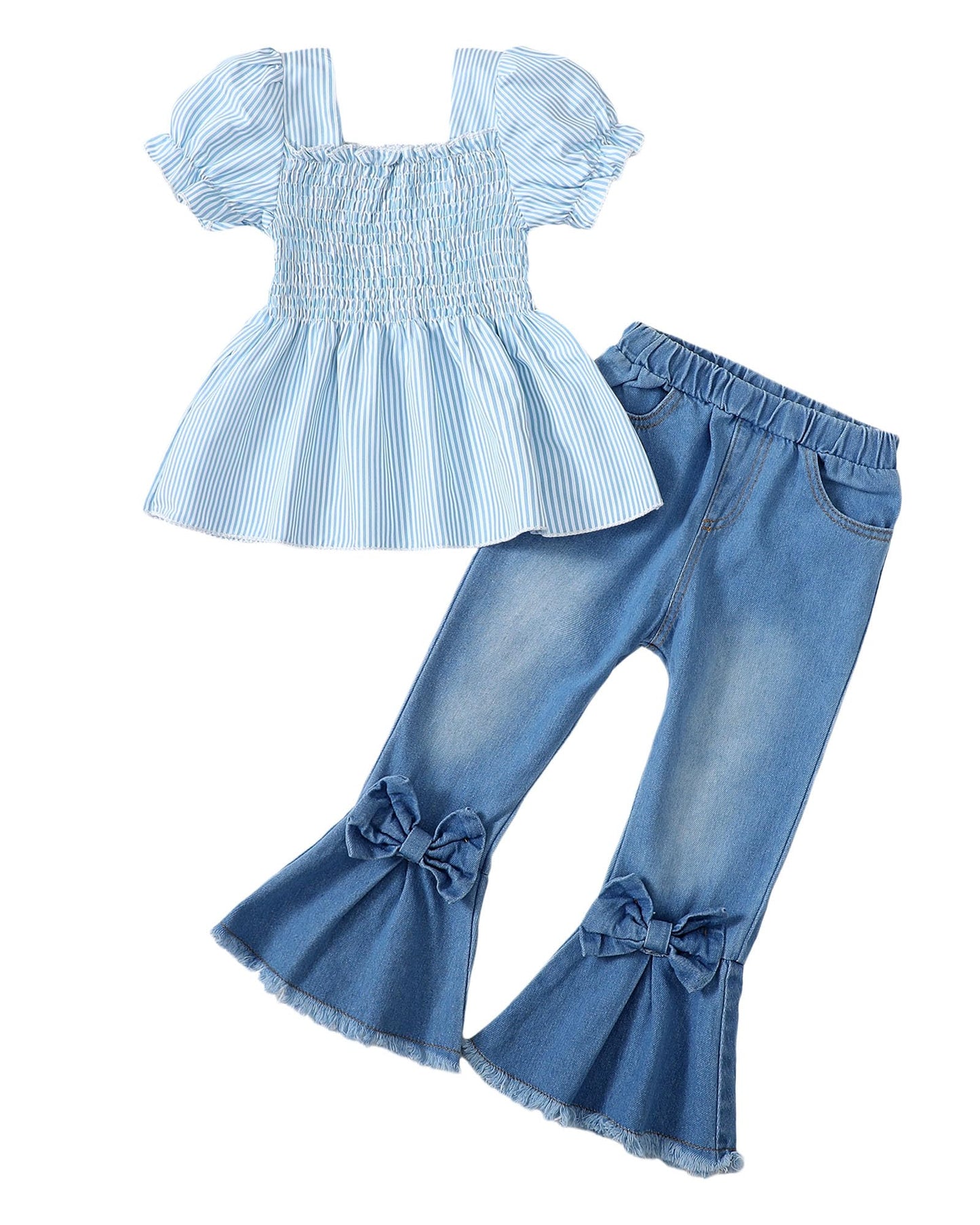 Kucnuzki Toddler Kids Girls Clothes Short Sleeve Shirt Top Flare Denim Jeans 2 Piece Outfits For Girls Cute Clothing Set