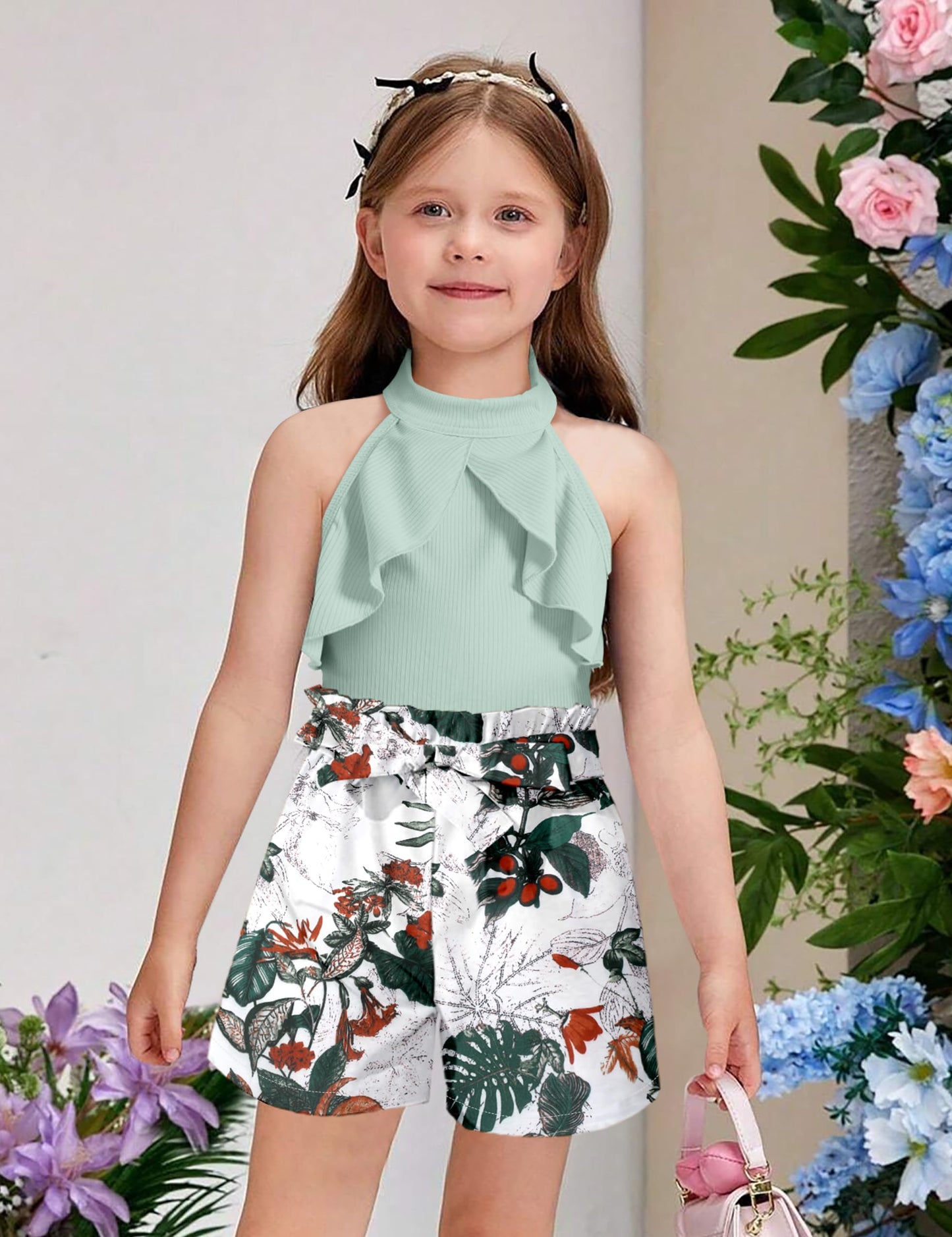 MIGU Girls Clothes Summer Halter Neck Ruffle Sleeveless Top Fashion Cute Floral Belt Shorts Two Piece Outfit Set Size 6-12