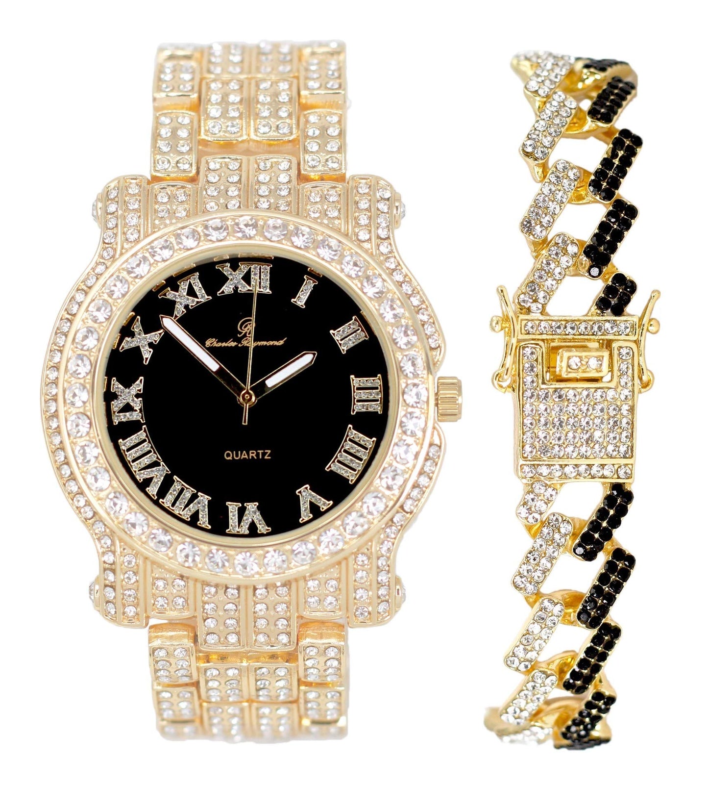 Charles Raymond Bling-ed Out Silver Round Luxury Mens Watch w/Bling-ed Out Bracelet - L0504B