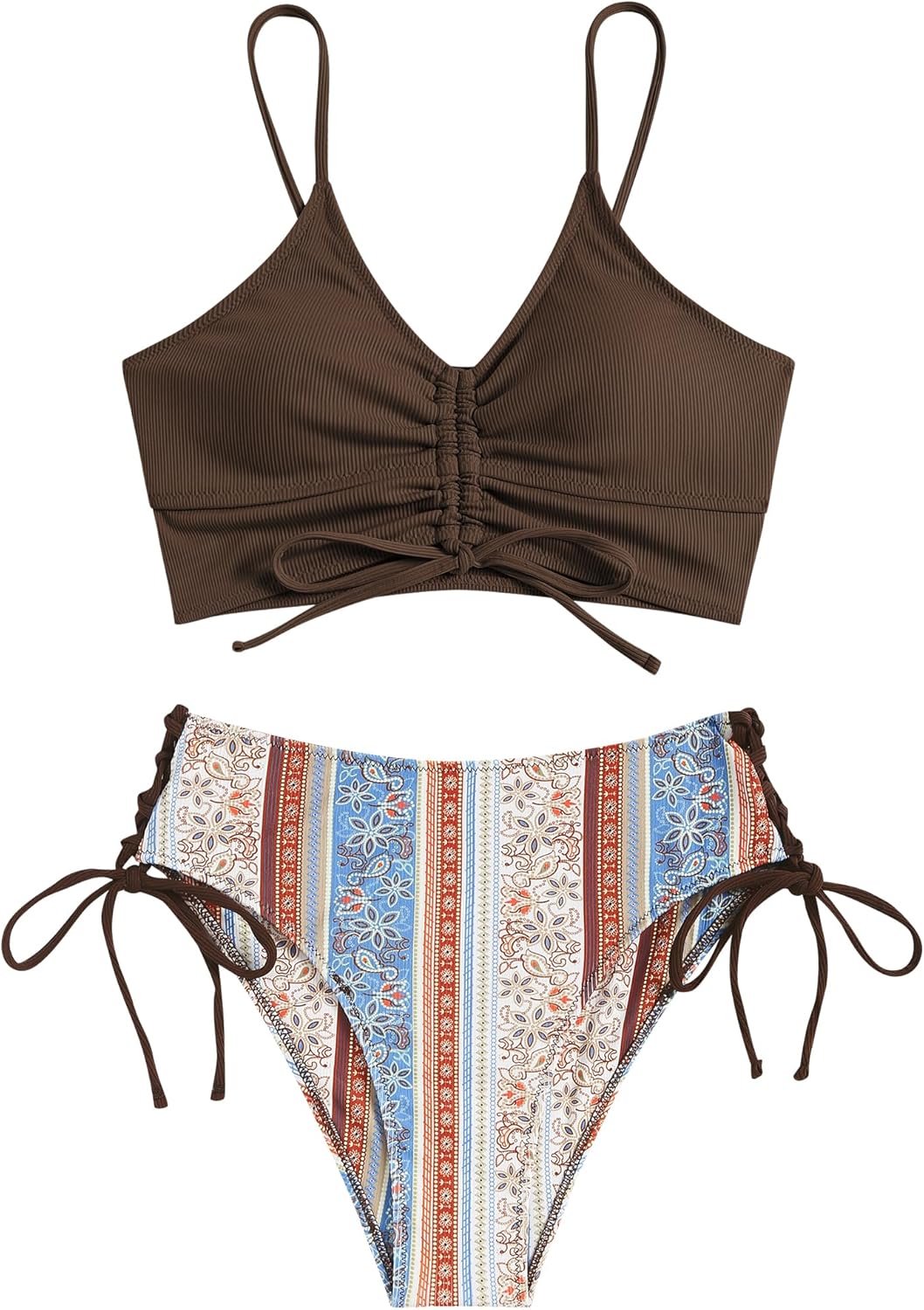 ZAFUL Women V Neck Bikini Set Ruched Tie Front High Waisted Floral Print Ribbed 2 Piece Bathing Suit Swimsuits