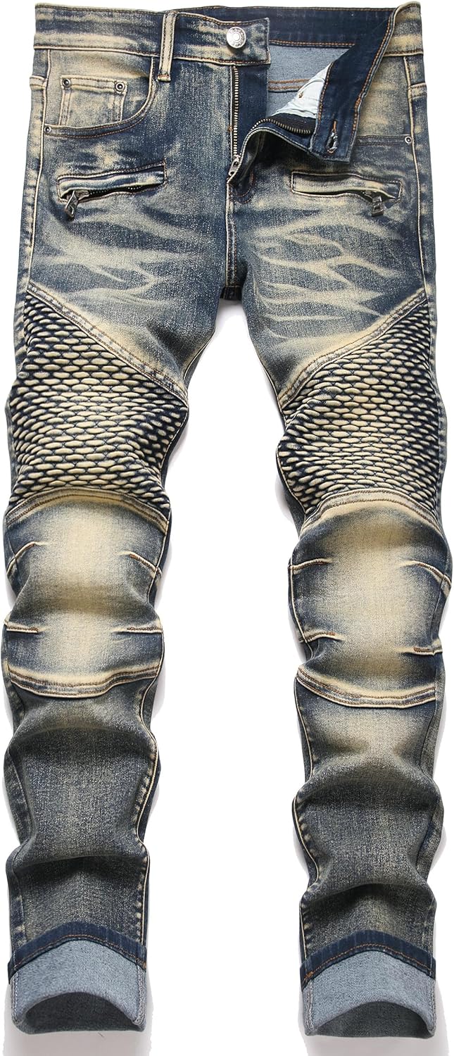 RXXKKK Men's Classic Zipper Biker Regular Fit Flex Jean