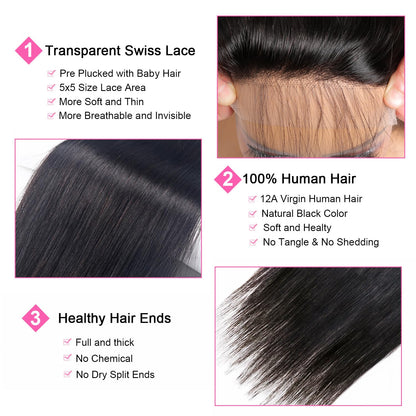 5x5 Transparent HD Lace Closure Body Wave Human Hair Closure Invisible Ultra-thin 5x5 Lace Closure Brazilian Raw Virgin Human Hair Pre Plucked Natural Black 16 Inch