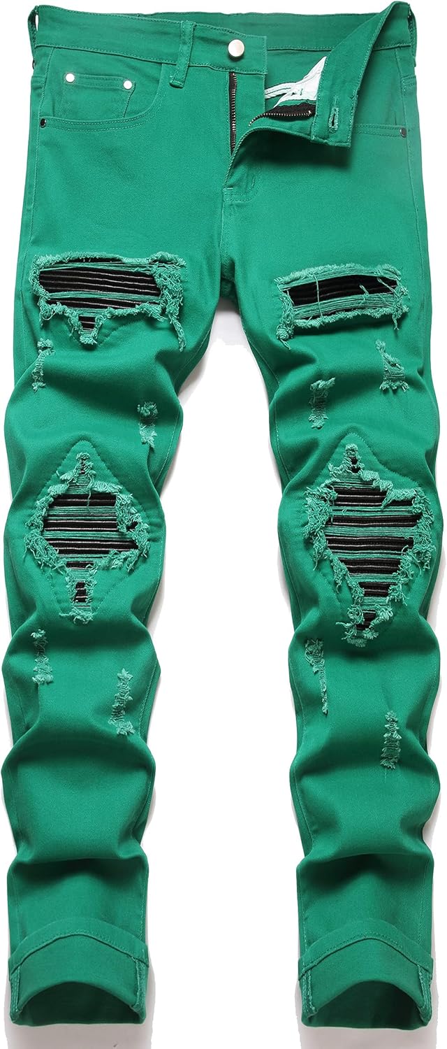 OIIIO Men's Patch Ripped Stretch Regular Fit Jean