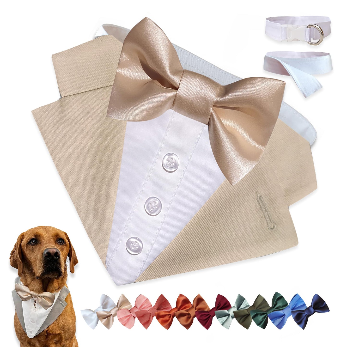 Custom-Fit Dog Tuxedo with Bow Tie & Lapel Uncut Cham Eyelet | Keyhole Fishtail Buttonhole Design | Optional Ring Bearer Clasp | Perfect Outfit for Wedding & Birthday by ACORD EU (Tan)