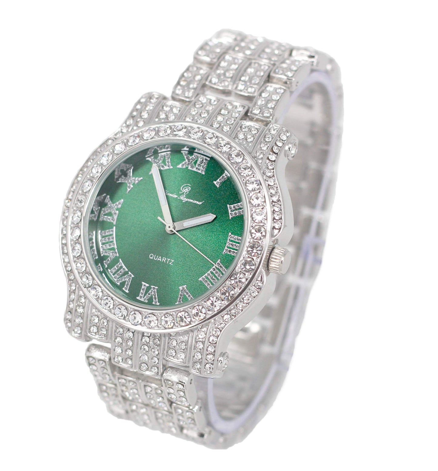 Charles Raymond Bling-ed Out Silver Round Luxury Mens Watch w/Bling-ed Out Bracelet - L0504B