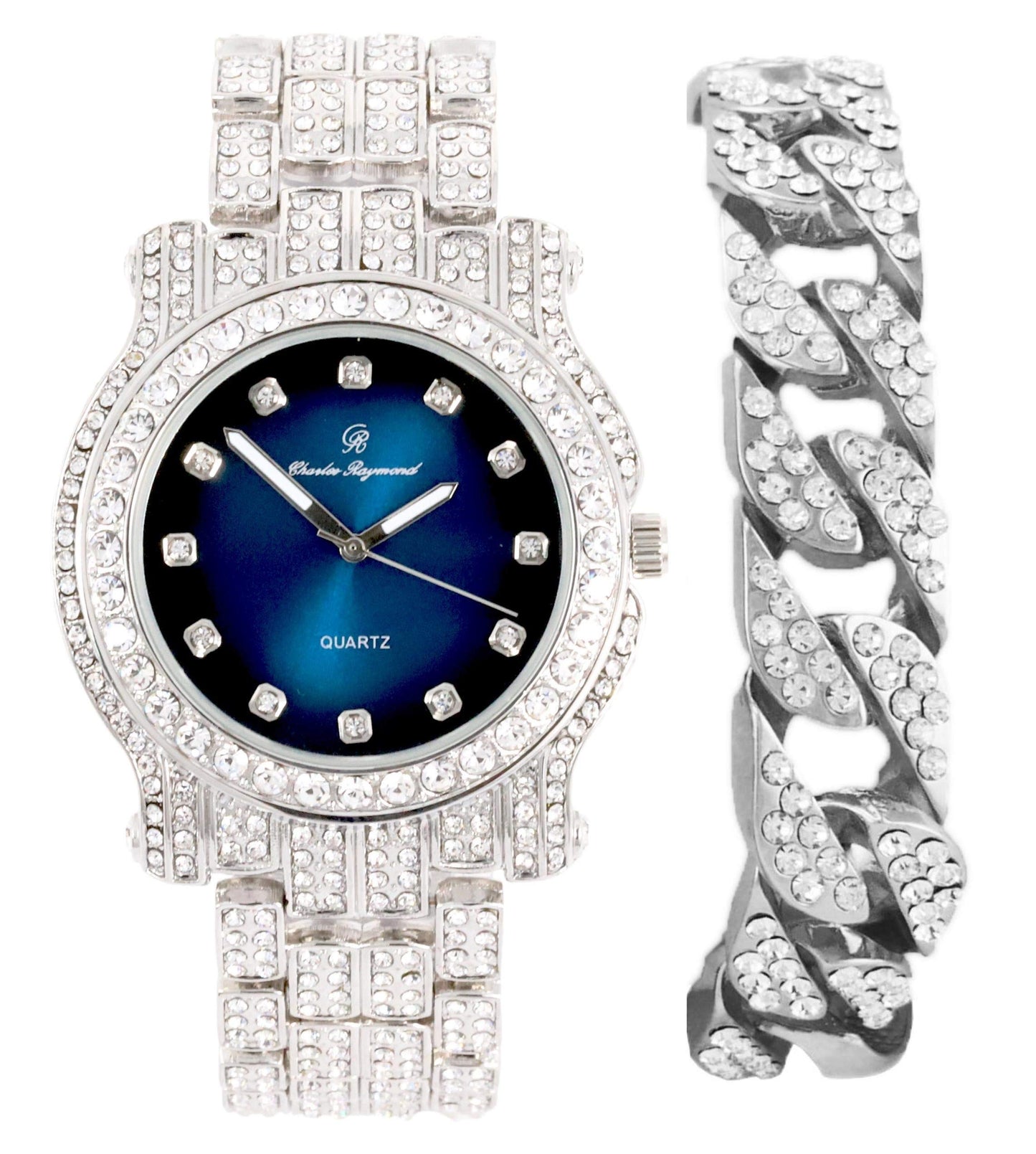 Charles Raymond Bling-ed Out Silver Round Luxury Mens Watch w/Bling-ed Out Bracelet - L0504B