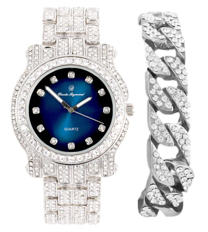 Charles Raymond Bling-ed Out Silver Round Luxury Mens Watch w/Bling-ed Out Bracelet - L0504B