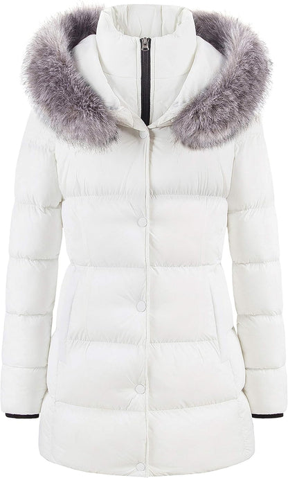 CREATMO US Women's Winter Snow Jacket Long Fur Puffer Coat With Removable Faux Fur Trim