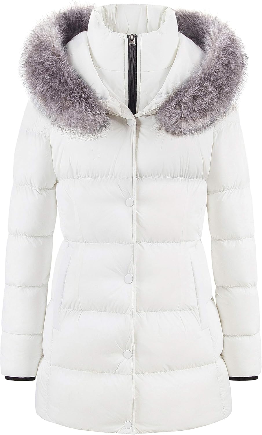 CREATMO US Women's Winter Snow Jacket Long Fur Puffer Coat With Removable Faux Fur Trim