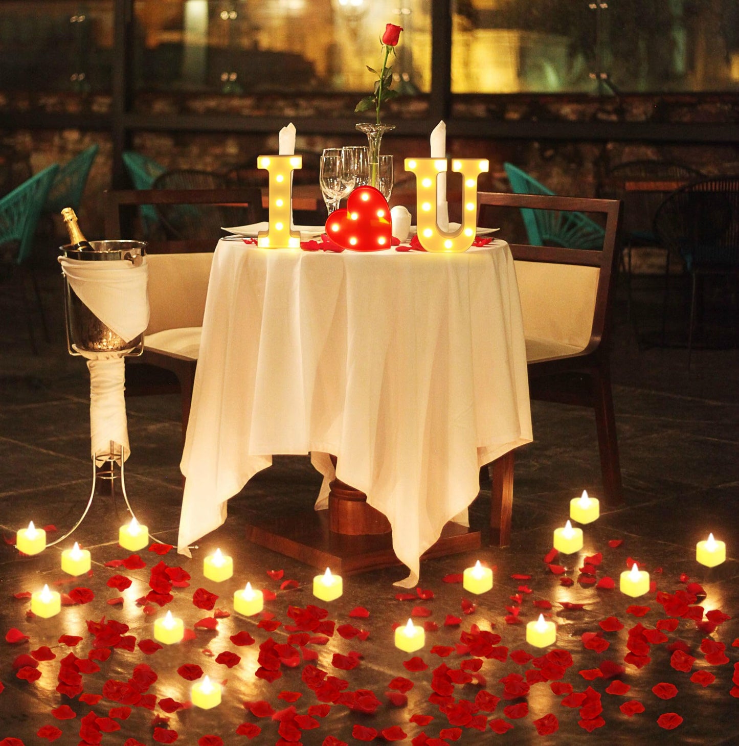 1027 Pcs I Love U Light Up Letters Proposal Decorations, I Love U Sign with 24 Pcs Heart Flameless Candles 1000 Pcs Rose Petals for Wedding Proposal Romantic Night Decor