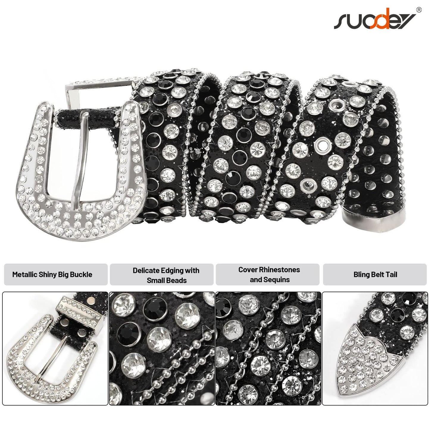 SUOSDEY Rhinestone Belt Unisex Sequin Strap Bling Crystal Western Studs Glitter Luxury Belt for Jeans Pants Dress