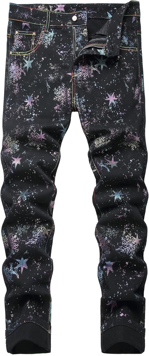 Baylvn Men's Casual Printed Slim Fit Jeans Skinny Denim Pants