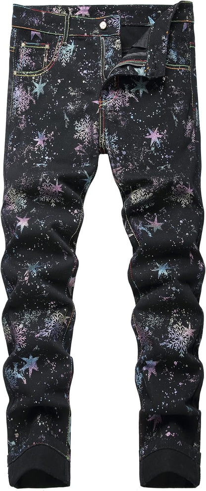 Baylvn Men's Casual Printed Slim Fit Jeans Skinny Denim Pants