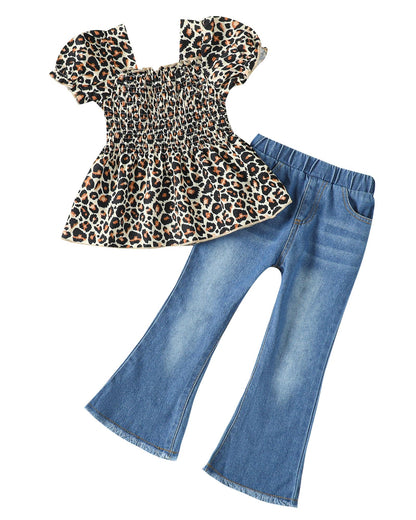 Kucnuzki Toddler Kids Girls Clothes Short Sleeve Shirt Top Flare Denim Jeans 2 Piece Outfits For Girls Cute Clothing Set