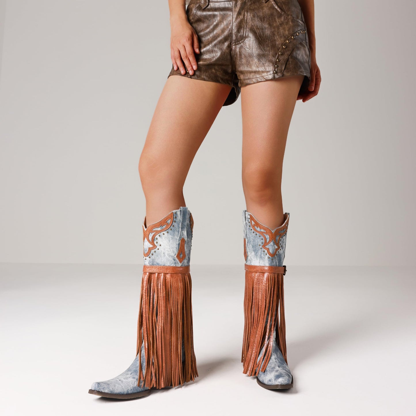 SaraIris Women's Western Bootie, Fashion Pointed Toe, Chunky Heel, Embroidered, Fringe, Pull-On, Mid Calf Boots, 2.75 inches, Knee High, PU, Denim, Rubber