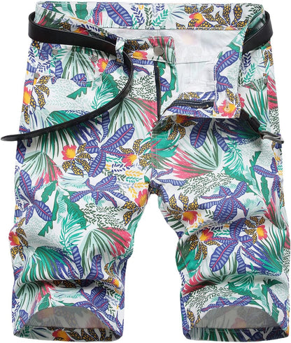 Baylvn Men's Casual Ripped Printed Denim Shorts Slim Fit Summer Beach Jeans Shorts