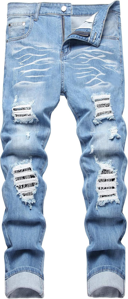 Baylvn Men's Designer Straight Slim Fit Patchwork Jeans Comfort Skinny Biker Denim Pants