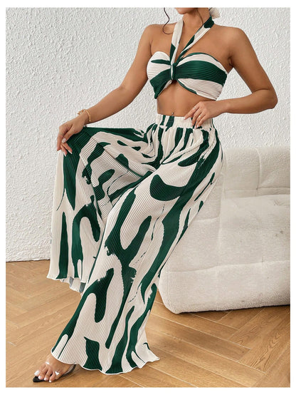 OYOANGLE Women's 2 Piece Outfits Graphic Print Knitted Crop Halter Top and Wide Leg Pants Set